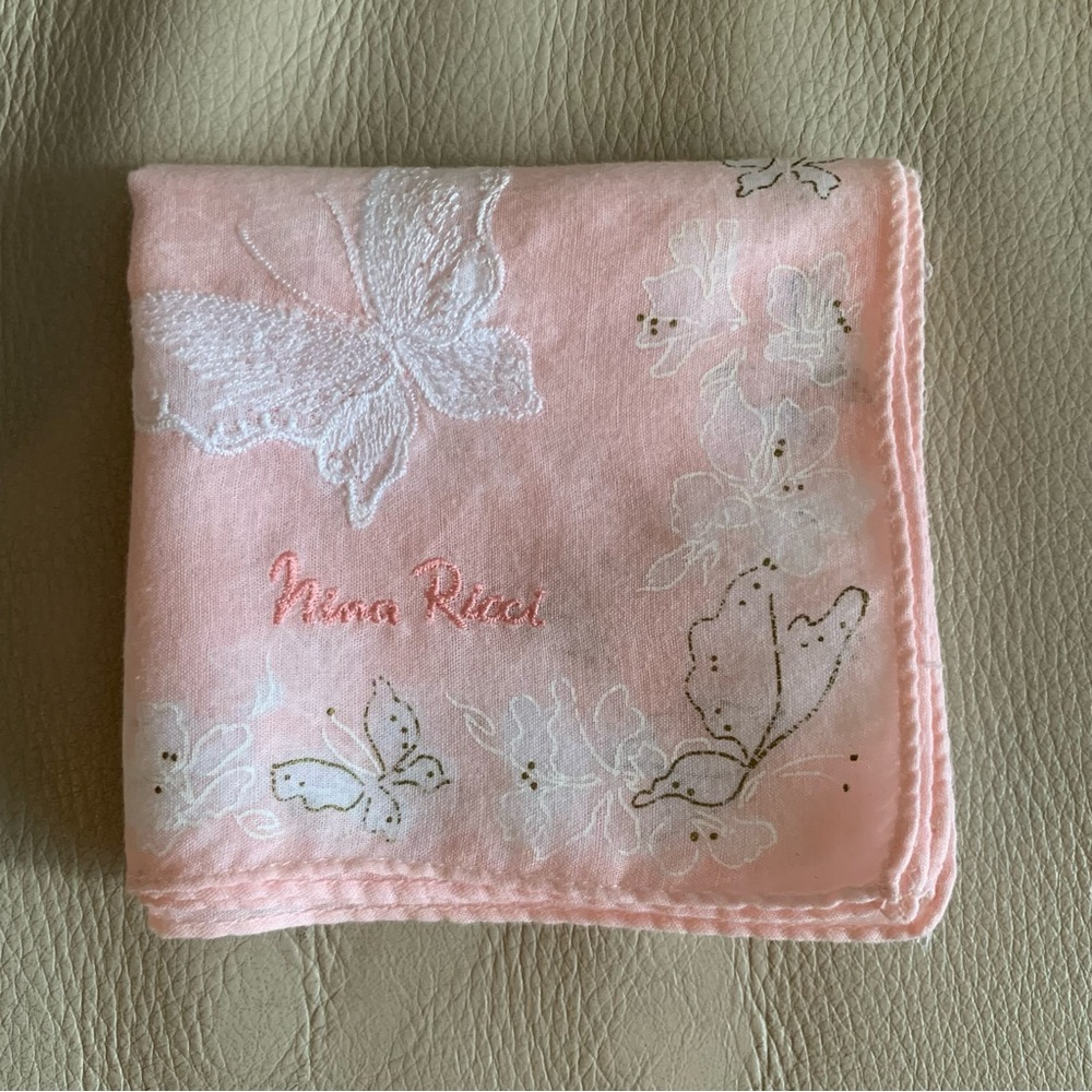 Vintage Nina Ricci Pink Floral Butterfly Cotton Handkerchief Scarf 17.25” Japan